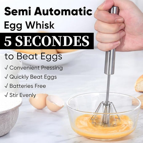 Newness Whizzy Whisk, Stainless Steel Semi Automatic Blender for Home -Versatile Tool for Egg Beater, Milk Frother, Hand Push Whisk - Kitchen Utensil for Blending, Whisking, Beating & Stirring