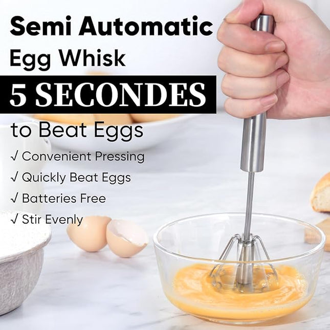 Newness Whizzy Whisk, Stainless Steel Semi Automatic Blender for Home -Versatile Tool for Egg Beater, Milk Frother, Hand Push Whisk - Kitchen Utensil for Blending, Whisking, Beating & Stirring