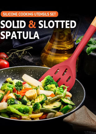 Pack of 2 Silicone Spatula, Non Stick Cooking Utensil Set Wooden Handle Kitchen Turner for Baking Mixing Grilling Serving Food Heat Resistant Non Scratch Hooks Included (Red)