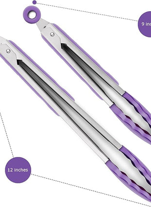 Set of 2 Kitchen Tongs 9-Inch & 12-Inch, Premium Stainless Steel BPA Free Silicone Non-Stick Grilling Barbeque Cooking Locking Food Tongs, Purple