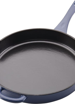 Ayesha Curry Kitchenware Enameled Cast Iron Skillet/Frying Pan with Helper Handle and Pour Spouts, 12 Inch - Anchor Blue