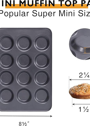 HONGBAKE Mini Muffin Top Pan for Baking, Premium 12 Cavity Small Whoopie Pie Pan, Nonstick Yorkshire Pudding Pan for Pansuffin, Moon Pie, Cookies, Dishwasher Safe and Easy to Clean