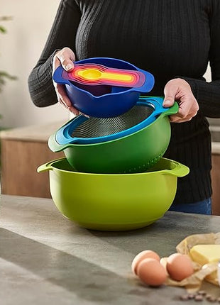 Joseph Joseph Nest 9 Plus, 9 Piece Compact Food Preparation Set with Mixing Bowls, Measuring cups, Sieve and Colander, MultiColor