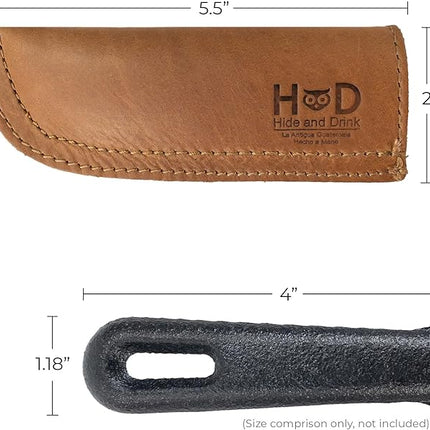 Hide & Drink, Full Grain Leather Hot Handle, Cast Iron Protector, Panhandle Potholder, Double Layered, Double Stitched, Slides On/Off Easily onto Metal Skillet Grips, Handmade, Single Malt Mahogany
