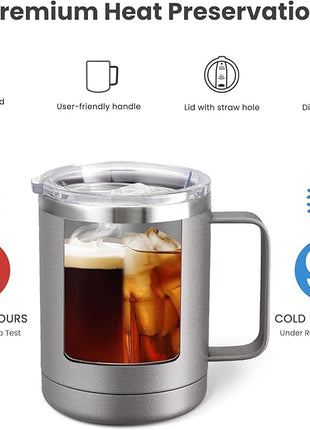 MEWAY 12oz Coffee Mug With Handle 4 Pack Bulk,Stainless Steel Insulated Travel Tumblers With Sliding Lid,Double Wall Vacuum Camping Cup for Hot & Cold Drinks Tea (Cold Grey,Set of 4)