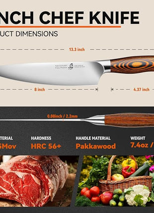TUO Chef Knife, 8 inch Sharp Kitchen Knife with Pakkawood Handle, High Carbon Steel, Professional for Chopping & Dicing, Gift Box - Fiery Phoenix Series