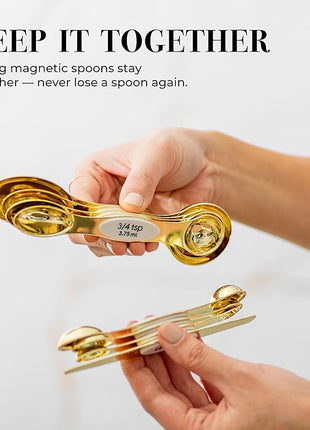 White and Gold Magnetic Measuring Spoons – Stainless Steel Double Sided Measuring Spoons for Cooking and Baking – Cute White and Gold Kitchen Accessories, Ideal for Gifting