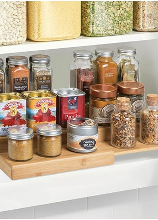mDesign Bamboo Adjustable, Expandable Spice Rack Organizer with 3 Levels Storage for Kitchen Cabinet, Countertop, Pantry Shelf - Holds Spice Jars - Echo Collection - Natural