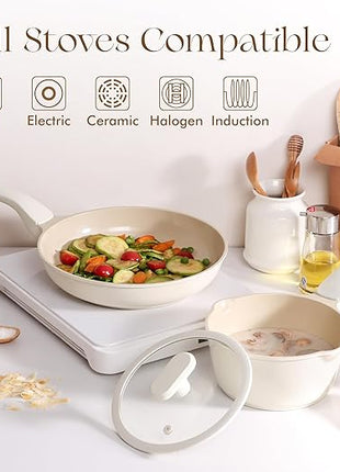 PRICUSIS Nonstick Ceramic Frying Pan, 8/10 Inch Skillet with Stay Cool Handle, Fully Coated, Induction Compatible & Oven Safe, 100% Dishwasher Safe, PTFE PFAS & PFOA Free（8 Inch, Coconut White）