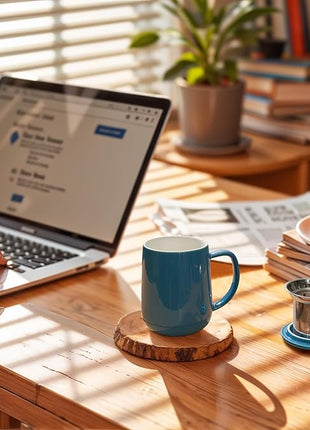 Sweese Porcelain Teacup with Infuser and Lid, 20oz, Steel Blue, Microwave Safe, Reusable