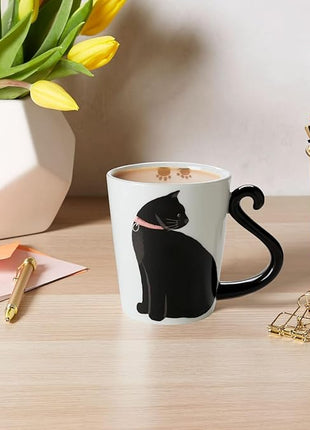 VOTUM Black Cat Ceramic White Coffee or Tea Mug - Animal Shaped Cup with Hand Printed Designs - Cute Handmade Gift for Men or Women Cat Lovers - 12 Fluid Ounce