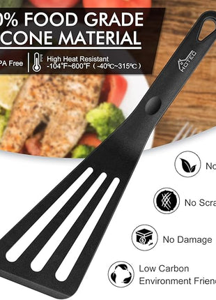 HOTEC 600℉ Heat Resistant Silicone Slotted Fish Turner Spatula Set, BPA Free Flipper Cooking Spatulas, for Non Stick Cookware Dishwasher Safe, Black
