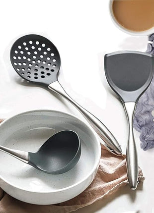 Silicone Stainless Steel Kitchen Utensils Set, 3-Pieces Flexible Silicone Head Cooking Utensil with Wok Spatula, Ladle, Slotted Spoon (Grey)