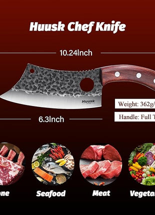 Huusk Meat Cleaver Knife, Hand Forged Butcher Knife for Meat Cutting, Full Tang Viking Knives with Sheath, Japanese Chef Knives for Outdoor Cooking, Camping, BBQ, Christmas Gift for Man and Women