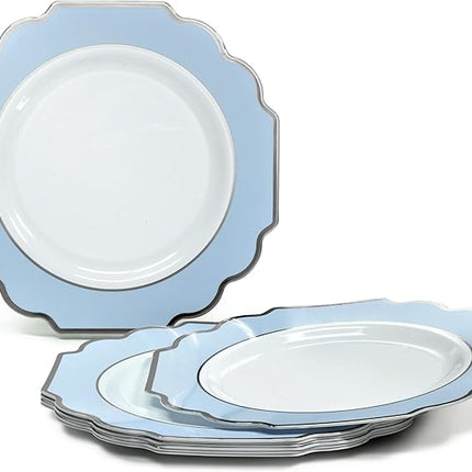 " OCCASIONS " 120 Plates Pack,(60 Guests) Heavyweight Premium Wedding Party Disposable Plastic Plates Set -60 x 10.5'' Dinner + 60 x 8'' Salad/Dessert (Imperial in White/Blue & Silver)