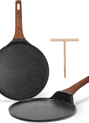 ESLITE LIFE Nonstick Crepe Pan Set with Spreader, 9.5 & 11 Inch Granite Coating Flat Skillet Dosa Tawa Comales Para Tortillas Pancake Pan, PTFE & PFOA Free, Black