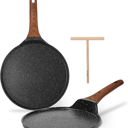 ESLITE LIFE Nonstick Crepe Pan Set with Spreader, 9.5 & 11 Inch Granite Coating Flat Skillet Dosa Tawa Comales Para Tortillas Pancake Pan, PTFE & PFOA Free, Black