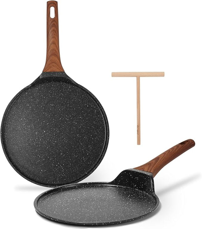 ESLITE LIFE Nonstick Crepe Pan Set with Spreader, 9.5 & 11 Inch Granite Coating Flat Skillet Dosa Tawa Comales Para Tortillas Pancake Pan, PTFE & PFOA Free, Black