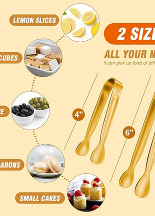 12PCS Mini Tongs For Serving, 2 Sizes 6 & 4 Inch Ice Tongs Mini Gold Sugar Stainless Steel Tong, Small Kitchen Tiny Food Tongs for Appetizers,Tea Party, Coffee Bar,Desserts & Ice Bucket