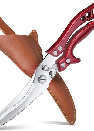 Poultry Shears, Red Heavy Duty Kitchen Shears with Serrated Edge, No Rust Spring Loaded, Multipurpose Stainless Steel Kitchen Scissors for Chicken Meat, Turkey, Fish, Christmas Gifts for Men Women