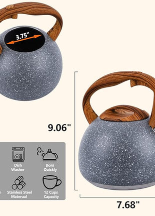 Tea Kettle, 3.2 Quart Whistling Tea Kettle Stovetop, Tea Pots for Stove Top Food Grade Stainless Steel with Wood Pattern Handle, Grey Teapot