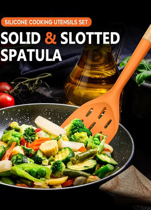 Pack of 2 Silicone Spatula, Non Stick Cooking Utensil Set, Wooden Handle Kitchen Turner for Baking Mixing Grilling Serving Food Heat Resistant (ORANGE)