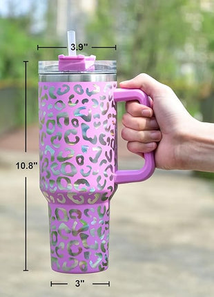 40 oz Tumbler with Handle and Straw, 100% Leak-Proof Travel Mug, Stainless Steel Double Wall Vacuum Insulated Coffee Cup Keeps Cold For 34 Hours, Dishwasher Safe, White Leopard