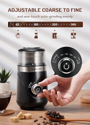 SHARDOR Electric Super Silent Blade Coffee Grinder, Timed Grind Control Rotary Knob, Adjustable Coarse to Fine for Coffee Beans, Spices & Herbs, with 1 Removable Stainless Steel Bowl, Black