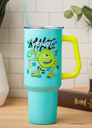 Silver Buffalo Disney Pixar Monsters Inc. Stainless Steel Tumbler with Handle Featuring Mike Wazowski, Fits in Standard Cup Holder, 40 Ounces
