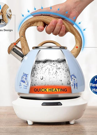 Tea Kettle, Toptier Teapot Whistling Kettle with Wood Pattern Handle Loud Whistle, Food Grade Stainless Steel Tea Pot for Stovetops Induction Water Kettle, 2.7-Quart Blue Cat