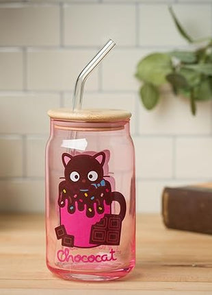 Silver Buffalo Sanrio Hello Kitty & Friends Chococat Chocolate Pink Glass Jar Tumbler with Bamboo Lid and Glass Straw, 16 Ounces