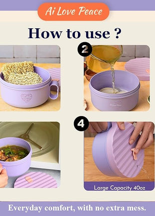 AI LOVE PEACE Ramen Bowl, 40 oz Microwaveable Noodle Cooker for Ramen, Pho, Soup, and Pasta, Dishwasher Safe and Portable, Ideal for Home, Office, Dorm, or Gift (Purple)