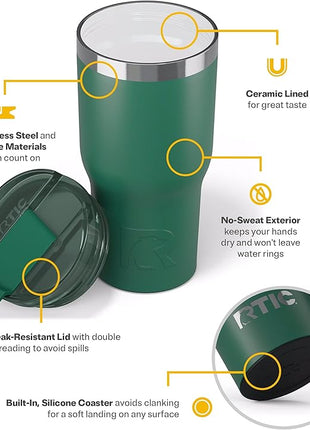 RTIC 20oz Essential Tumbler with Lid, Ceramic Lined, Insulated, Stainless Steel, Metal, Double Wall Vacuum-Insulation, Travel Cup for Iced Coffee, Tea, Hot and Cold Drink, Pine Tree