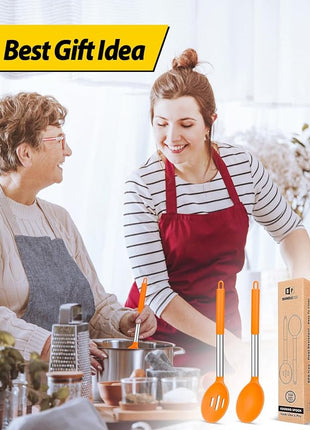 Pack of 2 Large Silicone Cooking Spoons,Non Stick Solid Basting Spoon,Heat-Resistant Kitchen Utensils for Mixing,Serving,Draining,Stirring (ORANGE)