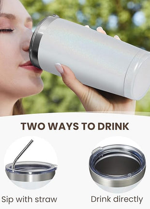 MEWAY 20oz Tumbler 4 Pack Double Wall Vacuum Insulated Travel Glitter Mug Bulk, Stainless Steel Tumblers with Lid and Straw, Powder Coated Coffee Cups for Woman(Rainbow White,Set of 4)