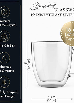 Elixir 16 oz Large Double Wall Coffee Mug Set of 2 - Double Wall Glass Coffee Cup - Large Mug - Insulated Glass Mugs with Handle for Hot Drinks Tea