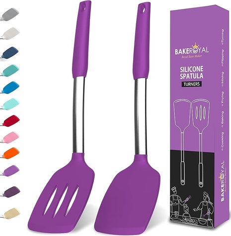 Silicone Spatula Set - Turner Spatulas Silicone Heat Resistant 600°F - Slotted & Solid Silicone Spatulas for Cooking Fish, Eggs, Pancakes Flipper – Silicone Cooking Utensils Set – Purple