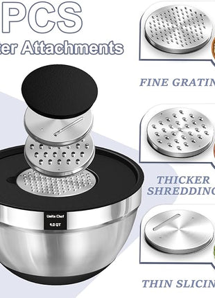 Umite Chef Mixing Bowls with Airtight Lids, 8PCS Stainless Steel Nesting Mixing Bowls Set, 3 Grater Attachments & Non-Slip Bottoms, Black Kitchen Bowls, Size 5, 4, 3.5, 2, 1.5QT for Baking & Serving