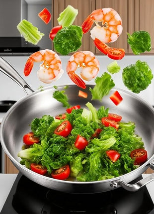 DELARLO Stainless Steel Pan, 14.2 Inch Frying Pan, Tri-Ply Skillet with Lid, Oven Safe Up to 600℉, Stainless Steel Cookware, Fast Even Heat, Large Cooking Surface,Non Toxic Large Skillet