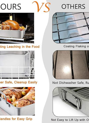 TeamFar Roasting Pan with Rack, 14 Inch Stainless Steel Turkey Roaster Lasagna Pan with V-Shaped Rack & Cooling Rack, Healthy & Sturdy, Brushed Surface & Dishwasher Safe, Rectangular - Set of 3