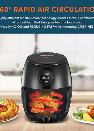 Elite Gourmet EAF2612D Personal 2.1Qt Compact Space Saving Programmable Hot Air Fryer, Oil-Less Healthy Cooker, Timer & Temperature Controls, 1000W, Black