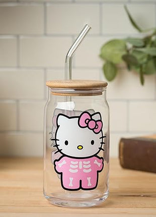 Silver Buffalo Sanrio Hello Kitty Halloween Spooky Skeleton Glass Jar Tumbler with Bamboo Lid and Glass Straw, 16 Ounces