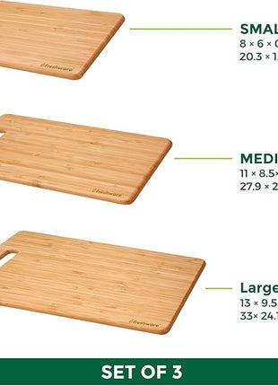 Bamboo Cutting Boards for Kitchen [Set of 3] Wood Cutting Board for Chopping Meat, Vegetables, Fruits, Cheese, Knife Friendly Serving Tray with Handles