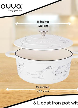 Cast Iron Dutch Oven with Lid – Non-Stick Ovenproof Enamelled Casserole Pot – Sturdy Dutch Oven Cookware – Marble, 6.4-Quart, 28cm – by Nuovva
