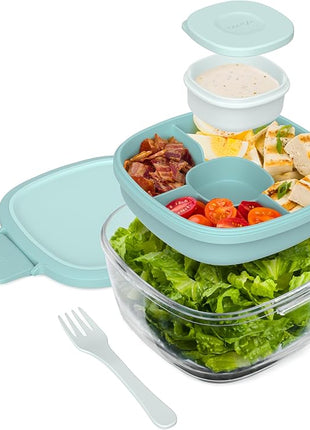 Bentgo Glass All-in-One Salad Container - Large 61-oz Salad Bowl with Lid, 4-Compartment Bento-Style Tray, 3-oz Sauce Container & Reusable Fork - Dishwasher, Microwave, Oven Safe (Coastal Seaglass)