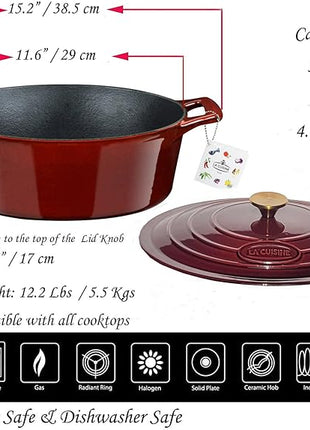 La Cuisine Enameled Cast Iron Oval Dutch Oven Casserole Dish Pot with Lid 5 QT Internal Matte Black Enamel Coating, Cranberry, Gold-Plated Stainless Steel Lid Handle, Oven Safe
