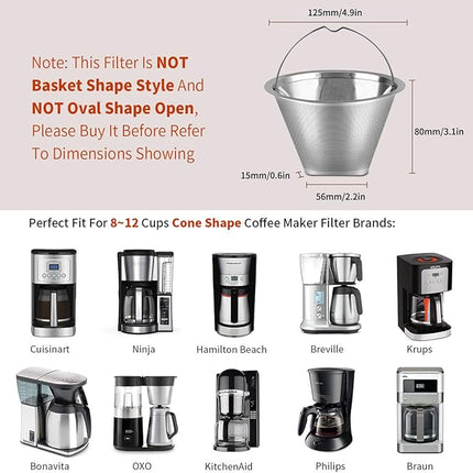 #4 Reusable Permanent Cone Coffee Filters, 8~12 Cup Size 4 Coffee Filters, Perfect Fit for Cuisinart Hamilton Beach Coffee Maker Filter, Replace Cuisinart GTF Gold Tone Coffee Filters