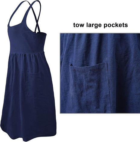 Uaussi Cotton Linen Apron Cross Back Work Apron for Women with Pockets Pinafore Dress X Cross Halter Apron for Chef Gardening