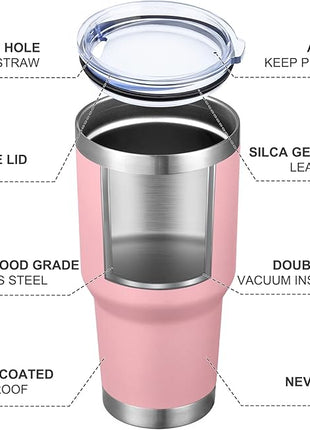 MEWAY 30oz Insulated Tumbler With Lids and Straws,Stainless Steel Double Vacuum Coffee Tumbler Cup, Brush, Durable Powder Coated Coffee Cup for Cold & Hot Drinks, Office, Travel(Pink,8 PACK)