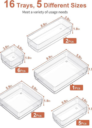 SMARTAKE 16-Piece Drawer Organizer with Non-Slip Silicone Pads, 5-Size Desk Storage Tray for Makeup, Jewelries, Utensils in Bedroom Dresser, Office and Kitchen, Clear
